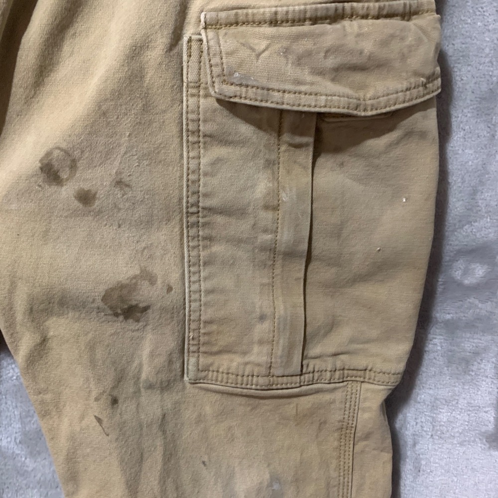 Carhartt 103574 253 Relaxed Fit Cargo Work Pants Mens 32x30 Tan Canvas Stained - Picture 8 of 15